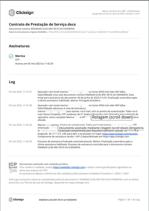 O que é o Código Hash presente no documento assinado?