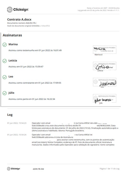 O que é o Código Hash presente no documento assinado?