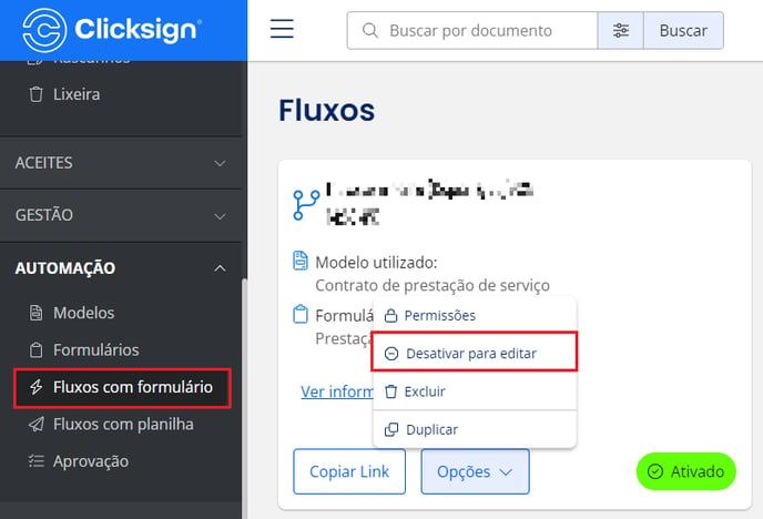 desativar fluxo